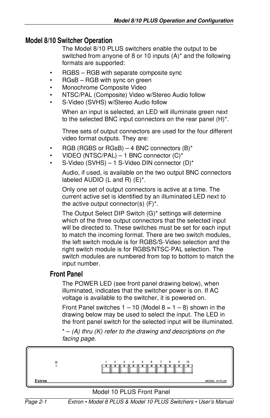 Extron electronic 8 PLUS, 10 PLUS user manual Model 8/10 Switcher Operation, Front Panel 