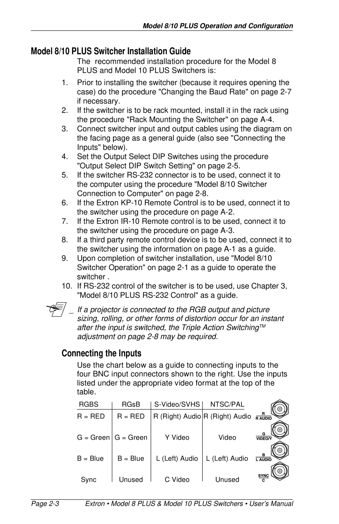 Extron electronic 8 PLUS, 10 PLUS user manual Model 8/10 Plus Switcher Installation Guide, Connecting the Inputs 