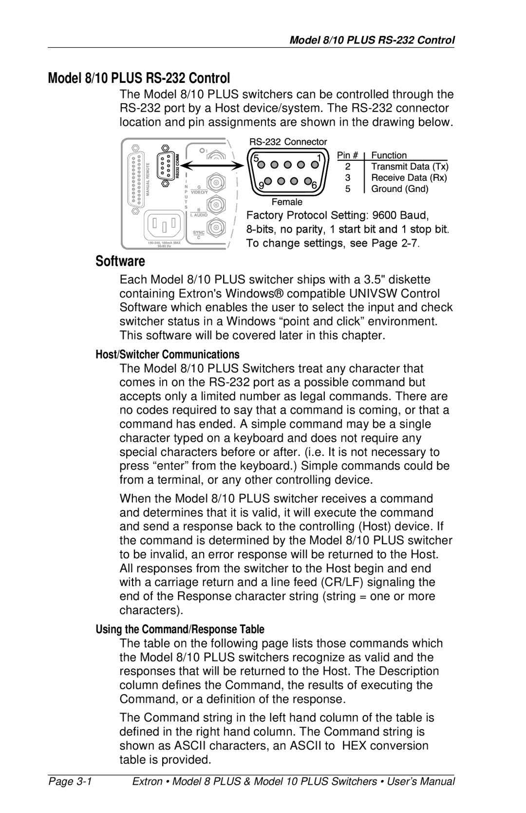 Extron electronic 8 PLUS, 10 PLUS user manual Model 8/10 Plus RS-232 Control, Software, Host/Switcher Communications 