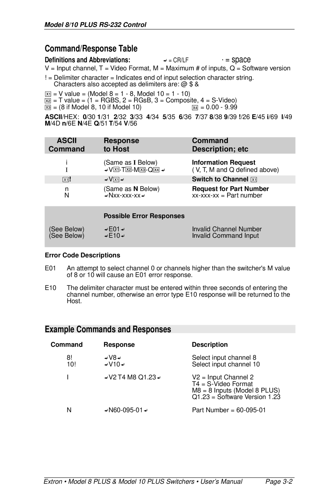 Extron electronic 10 PLUS, 8 PLUS Command/Response Table, Example Commands and Responses, Definitions and Abbreviations 