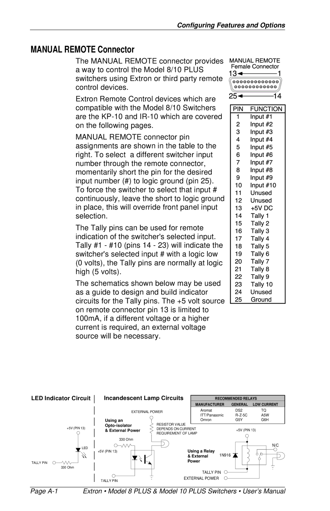 Extron electronic 8 PLUS, 10 PLUS user manual Manual Remote Connector, Incandescent Lamp Circuits 