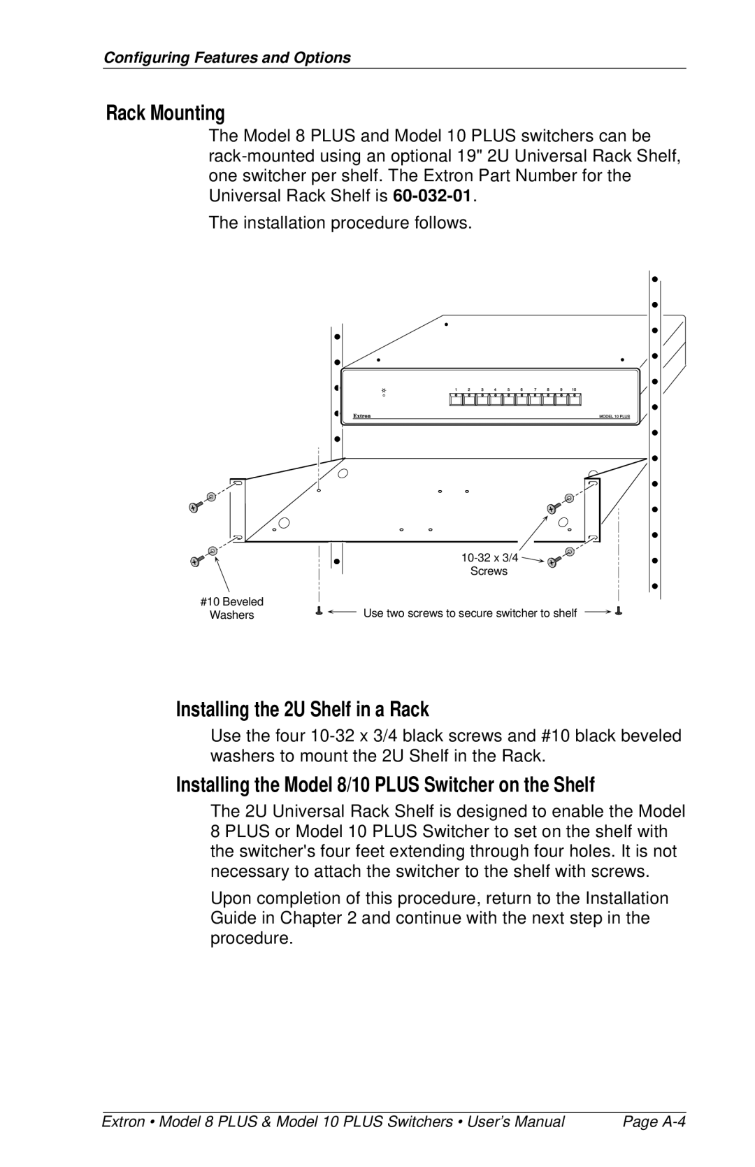 Extron electronic 10 PLUS, 8 PLUS user manual Rack Mounting, Installing the 2U Shelf in a Rack 