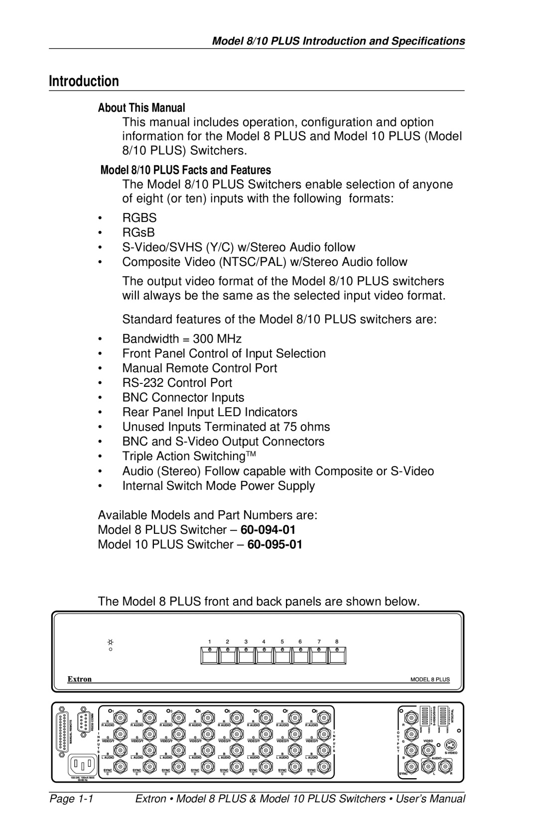 Extron electronic 8 PLUS, 10 PLUS user manual Introduction, About This Manual, Model 8/10 Plus Facts and Features 