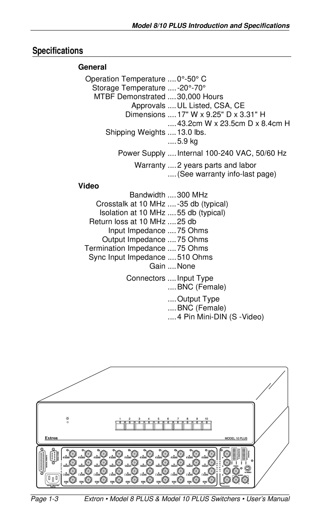 Extron electronic 8 PLUS, 10 PLUS user manual Specifications, General, Video 