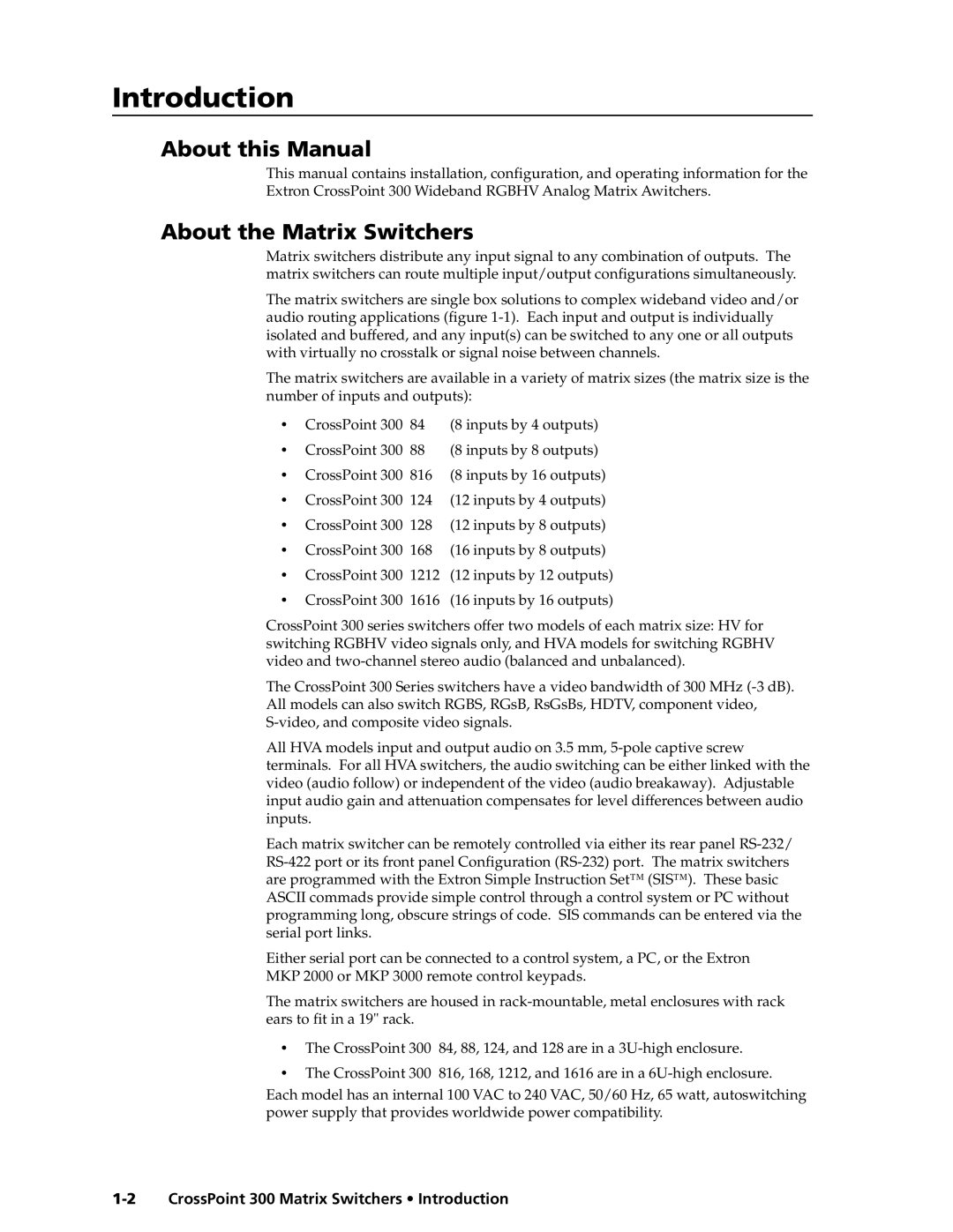 Extron electronic 1212, 84, 1616, 124, 168, 128 Introductiontroduction, cont’d, About this Manual, About the Matrix Switchers 