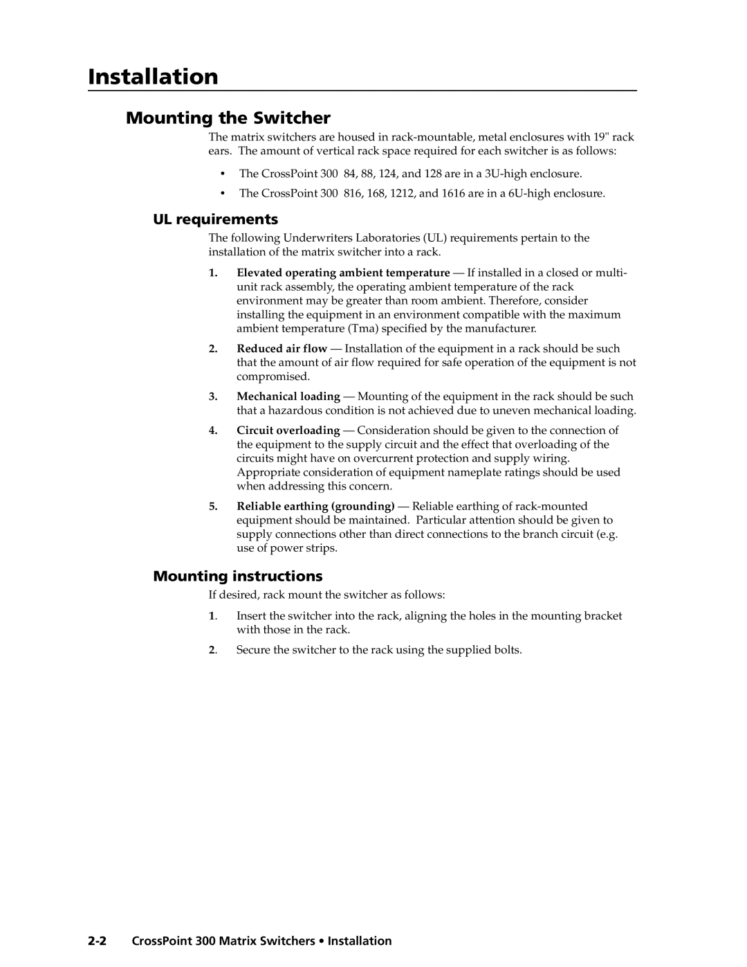 Extron electronic 84, 1616 Installationstallation, cont’d, Mounting the Switcher, UL requirements, Mounting instructions 