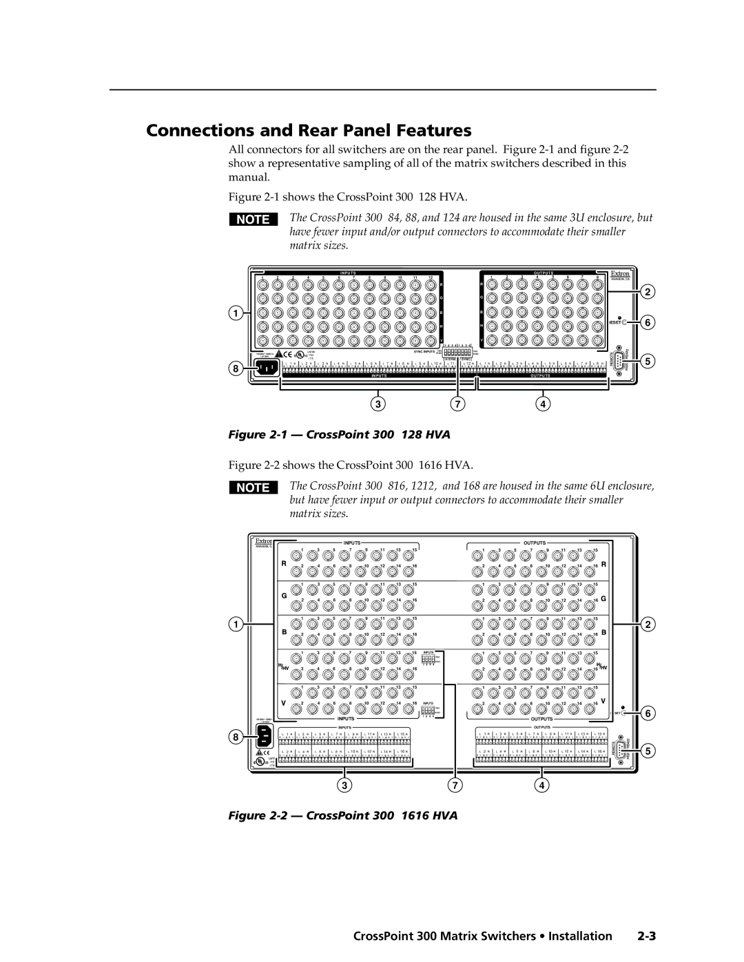 Extron electronic 1616, 84, 1212, 124, 168, 816, 88 manual Connections and Rear Panel Features, Shows the CrossPoint 300 128 HVA 