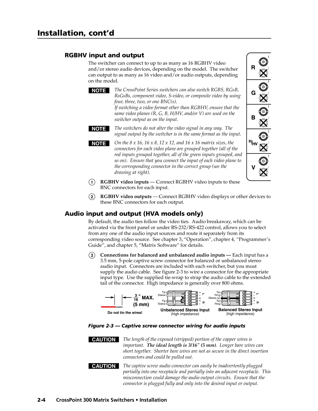 Extron electronic 1212, 84, 1616, 124 Installation, cont’d, Rgbhv input and output, Audio input and output HVA models only 