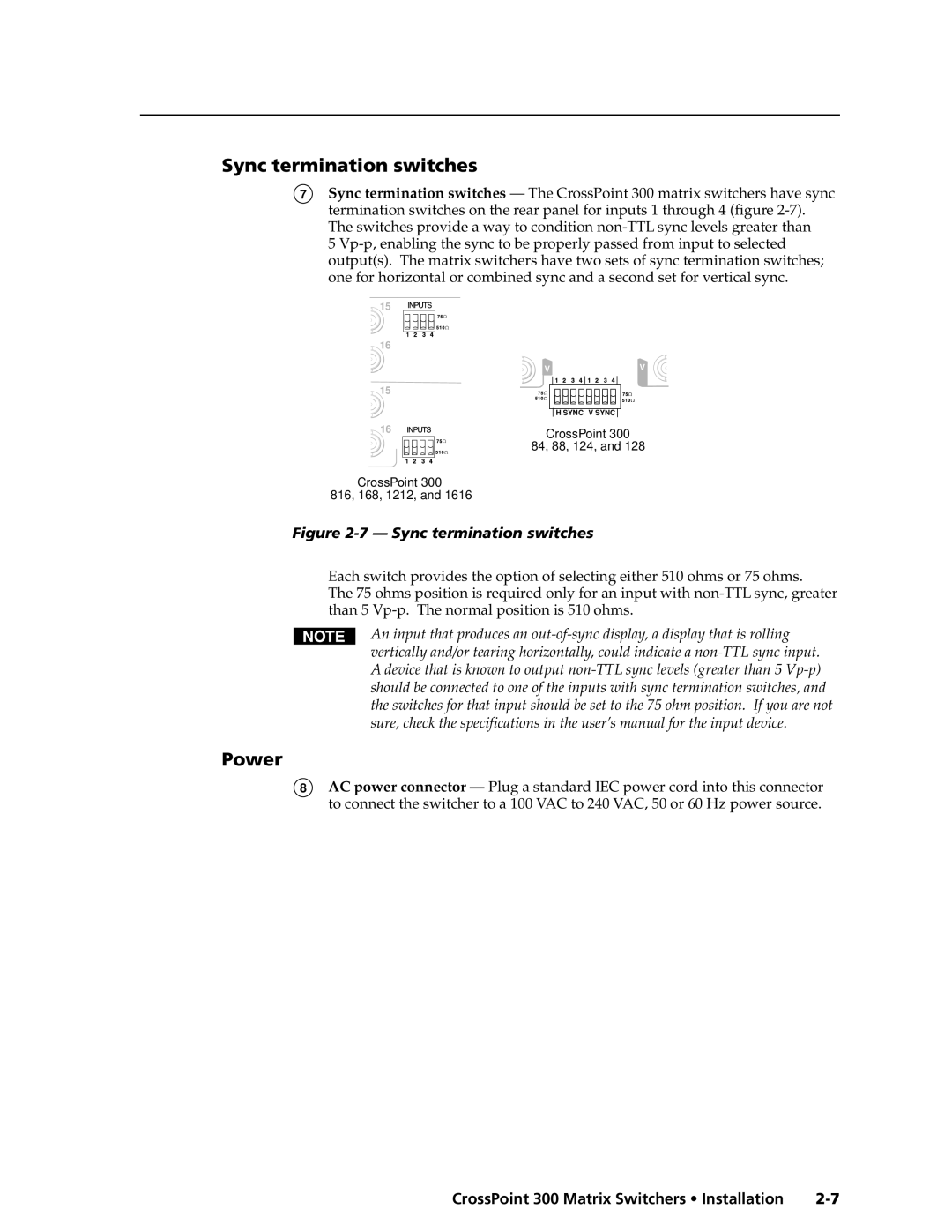 Extron electronic 128, 84, 1616, 1212, 124, 168, 816, 88 manual Sync termination switches, Power 