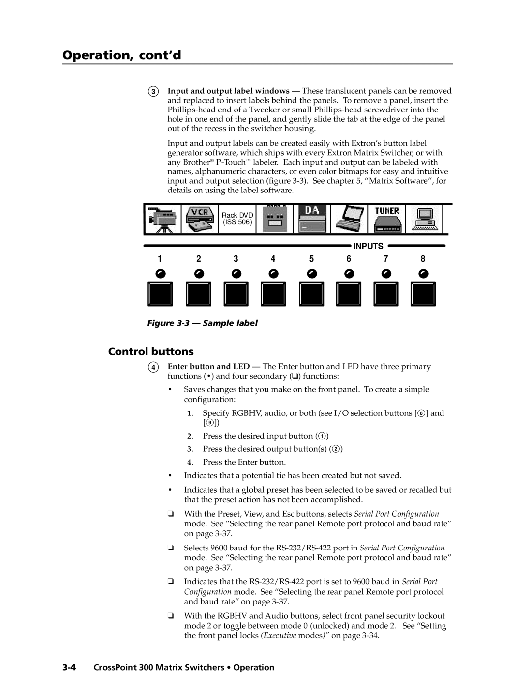 Extron electronic 168, 84, 1616, 1212, 124, 128, 816, 88 manual Operation, cont’d, Control buttons 