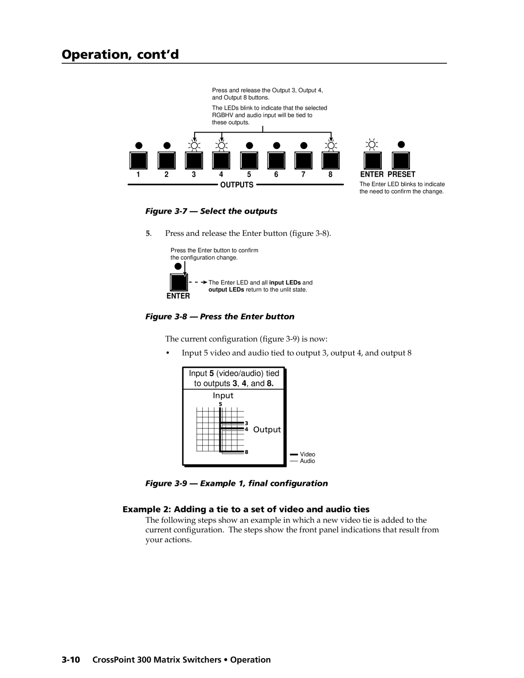 Extron electronic 1212 Press and release the Enter button figure, Example 2 Adding a tie to a set of video and audio ties 