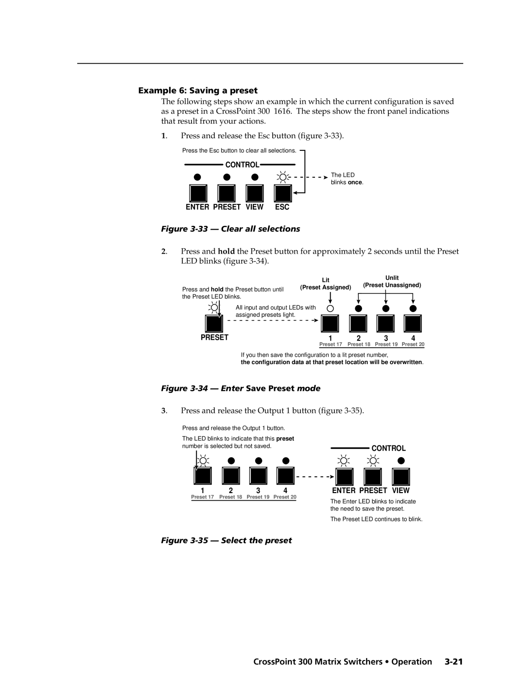 Extron electronic 128, 84, 1616, 1212, 124, 168, 816, 88 manual Example 6 Saving a preset, LED blinks figure 