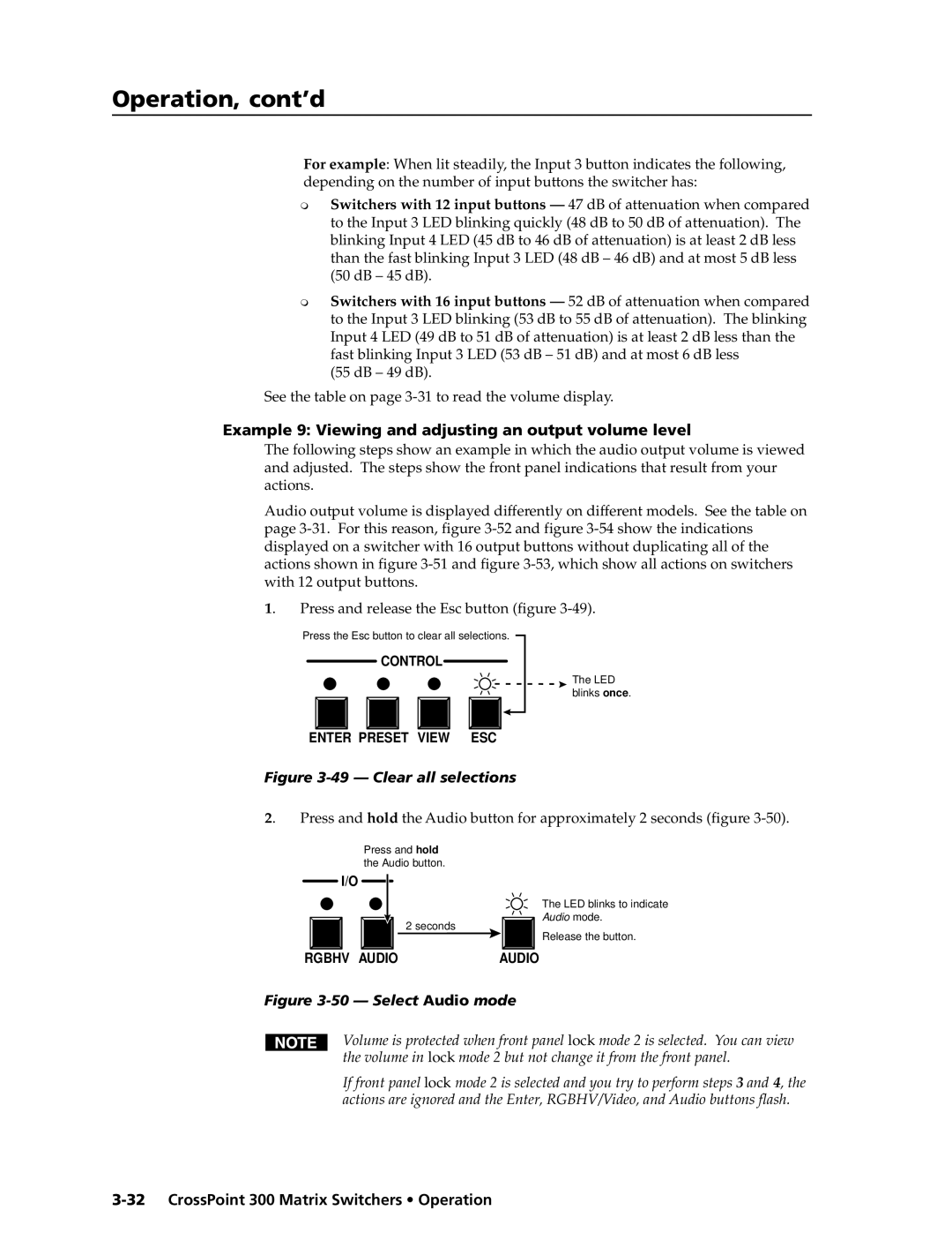 Extron electronic 84, 1616, 1212, 124, 168, 128 Example 9 Viewing and adjusting an output volume level, Clear all selections 