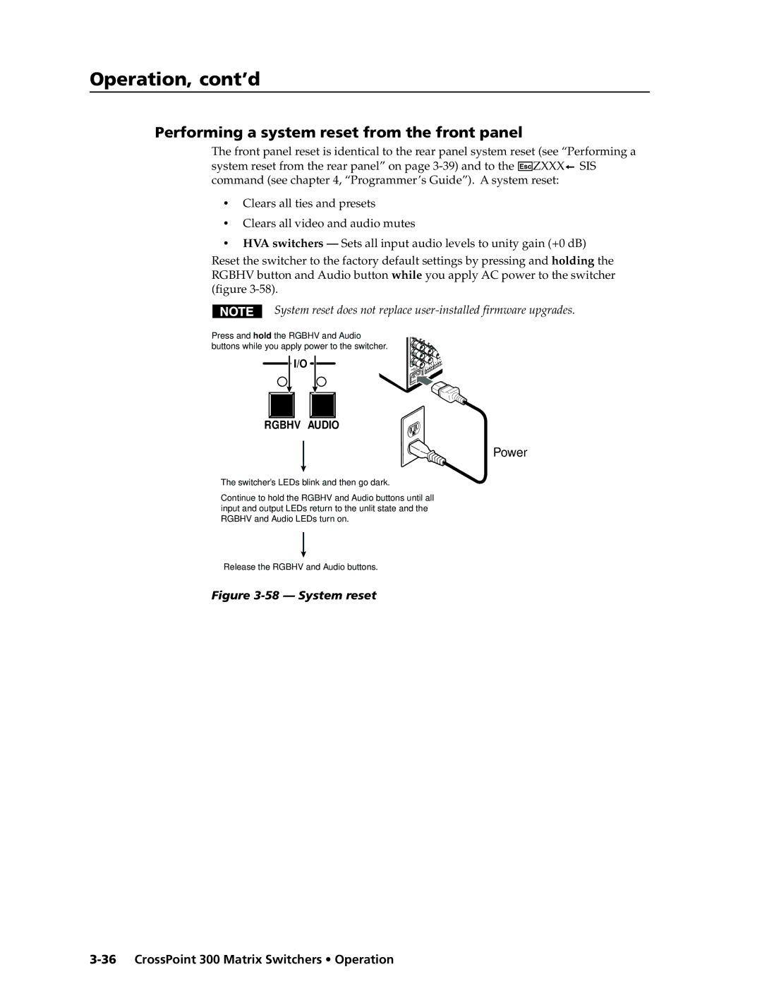 Extron electronic 168, 84, 1616, 1212, 124, 128, 816, 88 manual Performing a system reset from the front panel, Power 