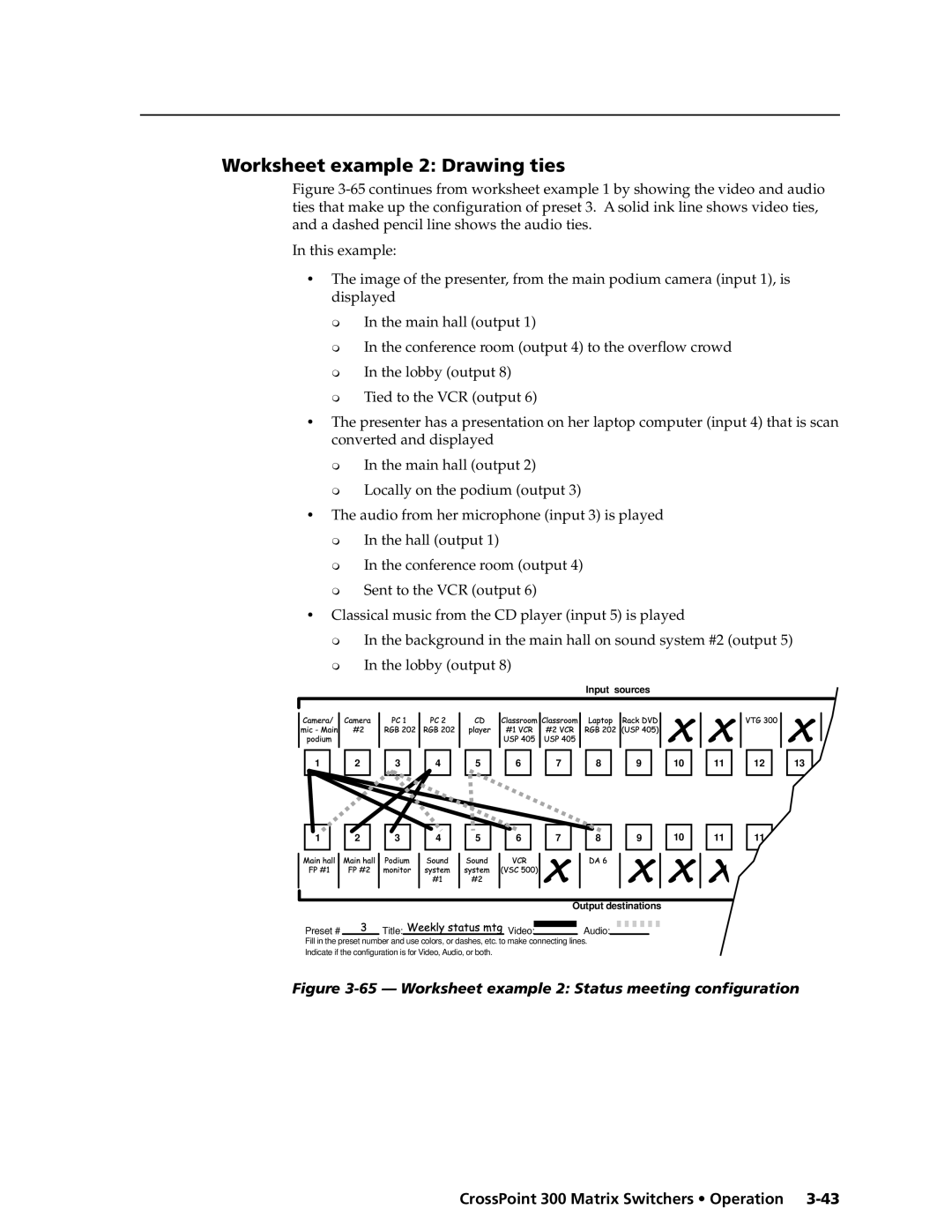 Extron electronic 124, 84, 1616, 1212, 168 Worksheet example 2 Drawing ties, Worksheet example 2 Status meeting configuration 