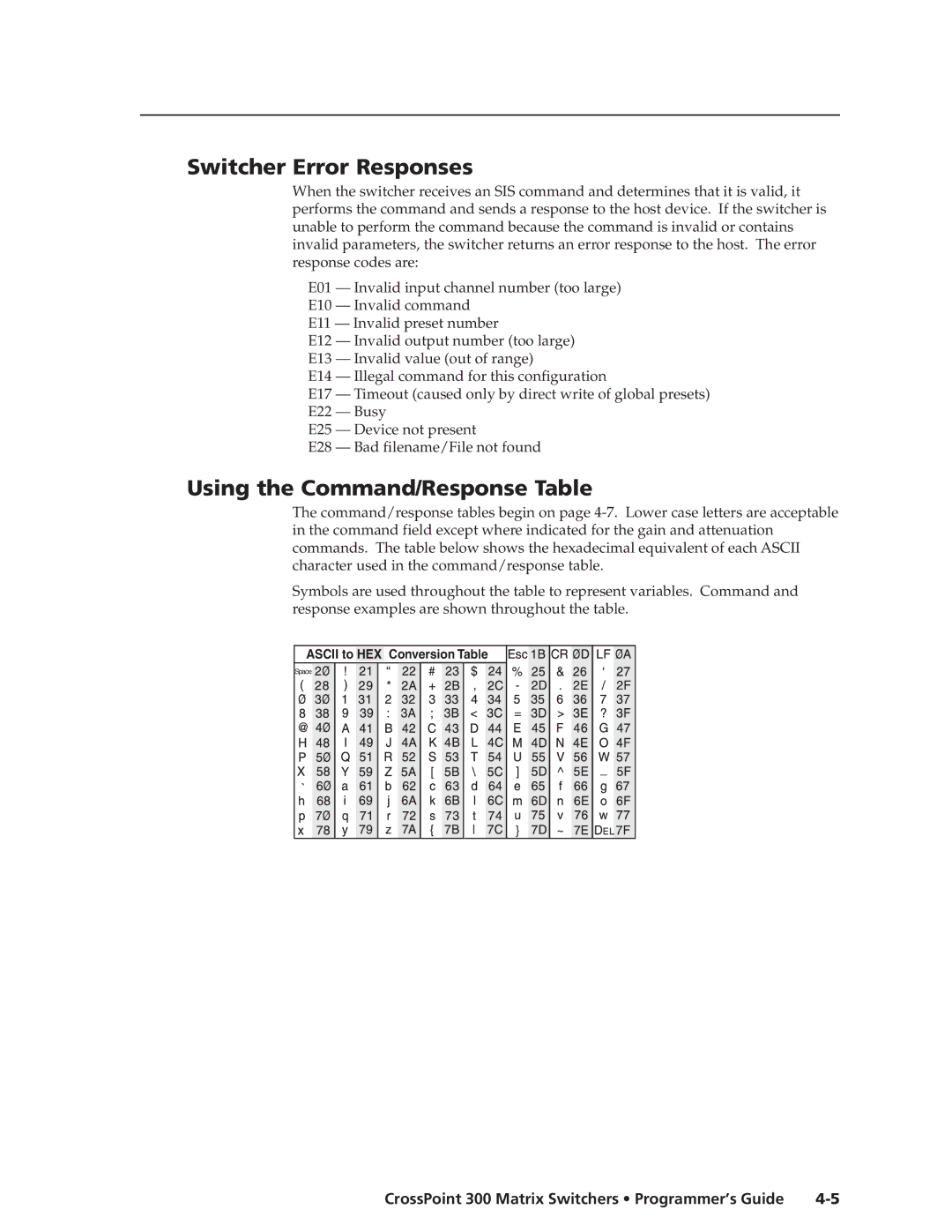 Extron electronic 124, 84, 1616, 1212, 168, 128, 816, 88 manual Switcher Error Responses, Using the Command/Response Table 