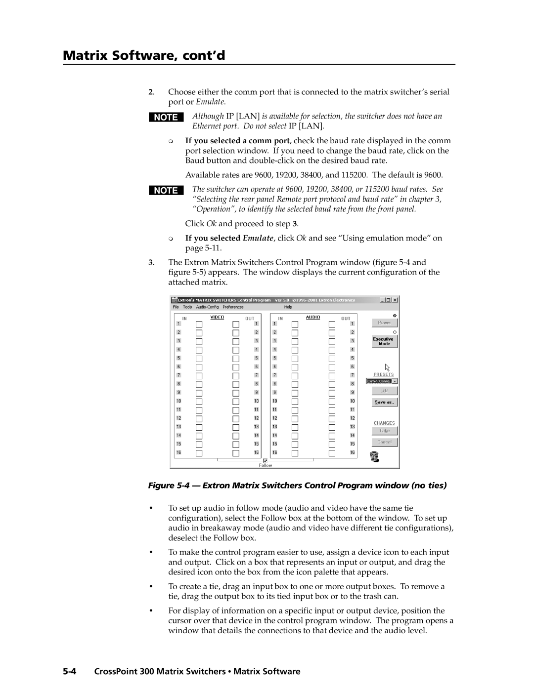 Extron electronic 816, 84, 1616, 1212, 124, 88 Matrix Software, cont’d, Extron Matrix Switchers Control Program window no ties 