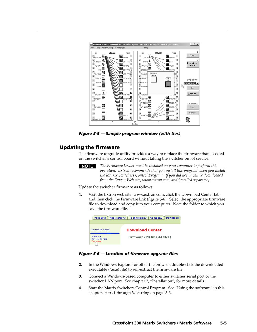 Extron electronic 88, 84, 1616, 1212, 124, 168, 128, 816 manual Updating the firmware, Sample program window with ties 