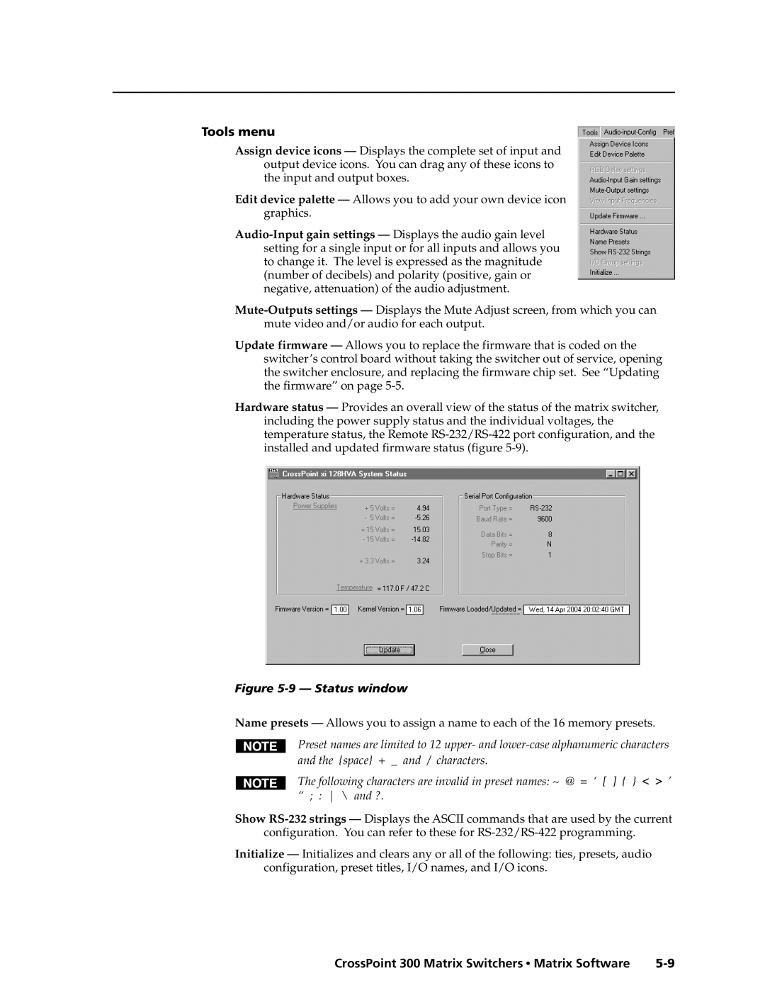 Extron electronic 124, 84, 1616, 1212, 168, 128, 816, 88 manual Tools menu, Status window 