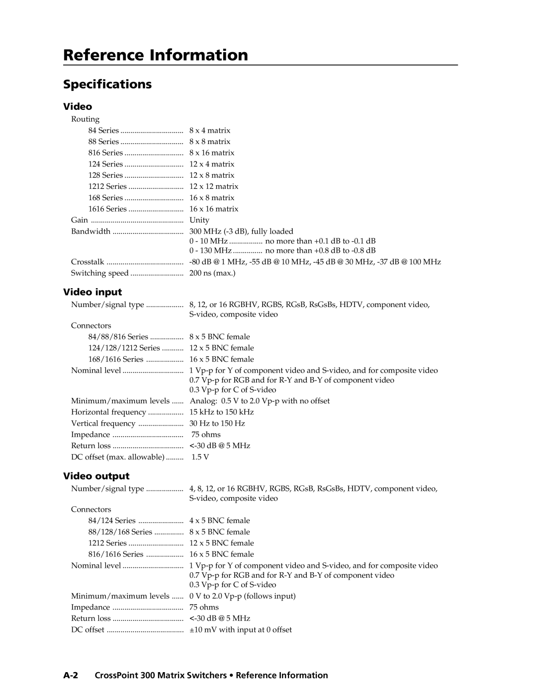 Extron electronic 84 ReferenceInformation,co t’d, Specifications, CrossPoint 300 Matrix Switchers Reference Information 