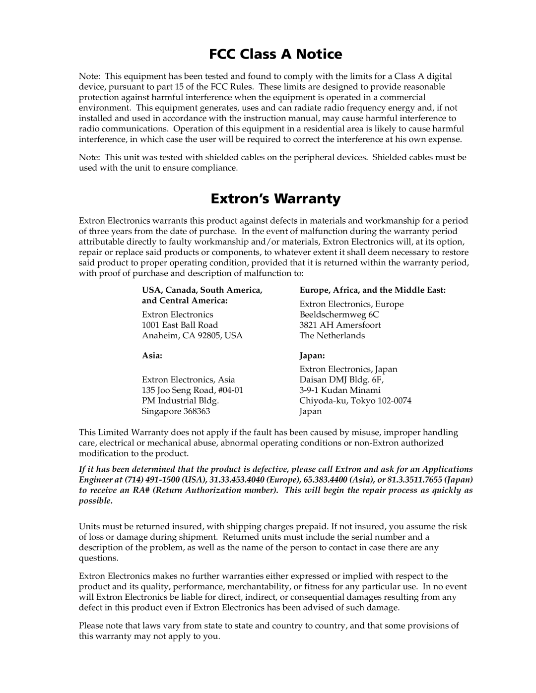 Extron electronic 88 FCC Class A Notice, Extron’s Warranty, USA, Canada, South America, and Central America, Asia, Japan 