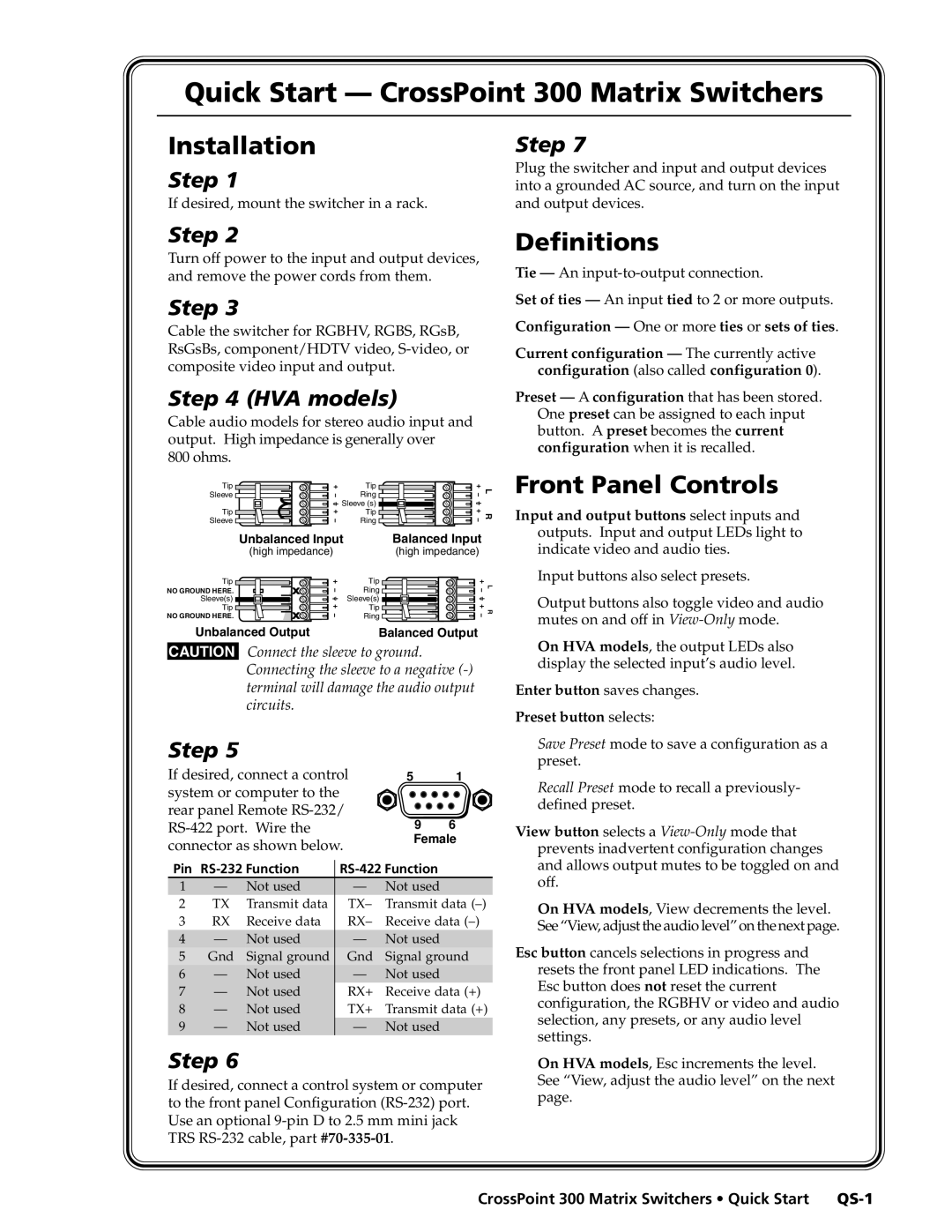 Extron electronic 124 Quick Start - CrossPoint 300 Matrix Switchers, Installation, Definitions, Front Panel Controls, QS-1 
