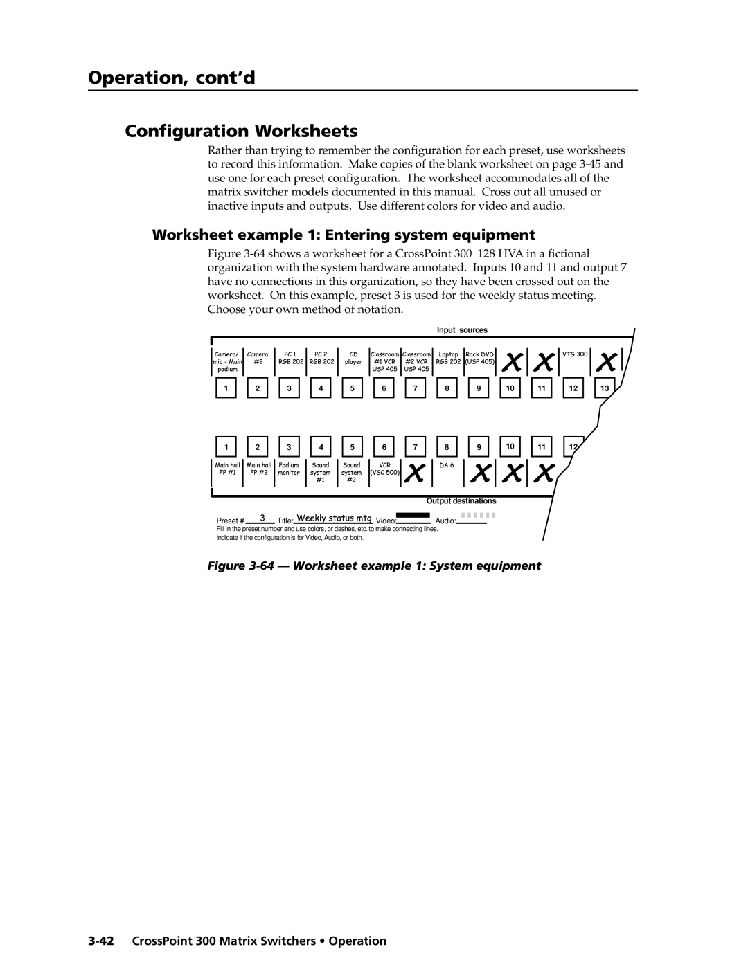 Extron electronic 1212, 84, 1616 Configuration Worksheets, Worksheet example 1 Entering system equipment, Operation, cont’d 