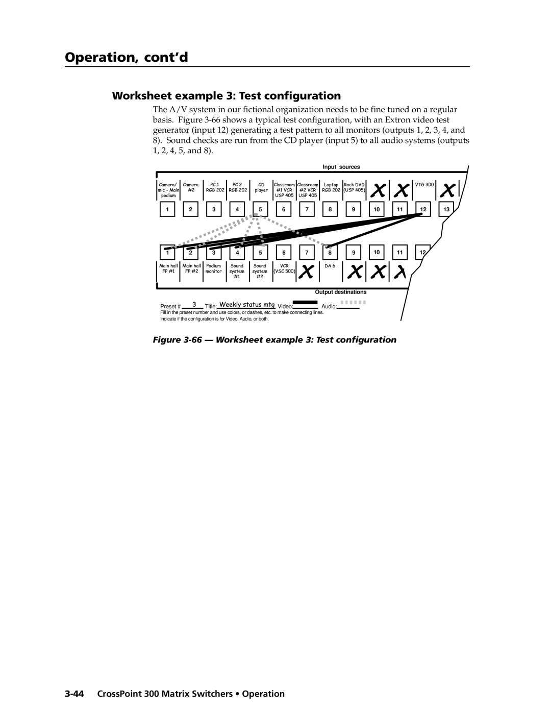 Extron electronic 168, 84, 1616 66 - Worksheet example 3 Test configuration, CrossPoint 300 Matrix Switchers Operation 