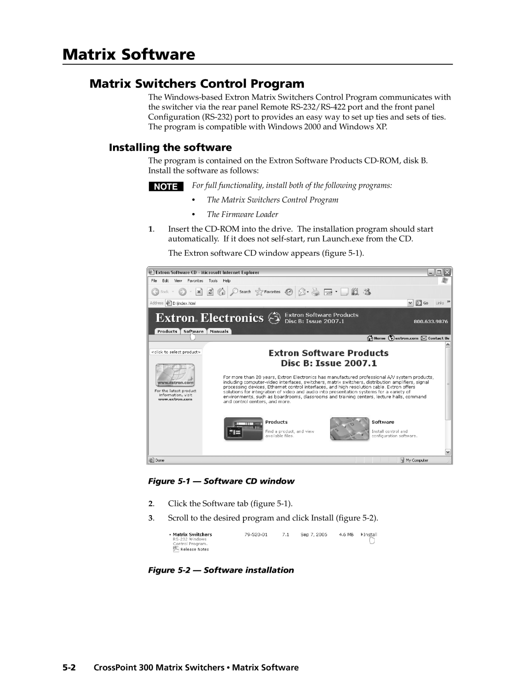 Extron electronic 168, 84, 1616, 1212, 124 MatrixSoftware,cont’d, Matrix Switchers Control Program, Installing the software 