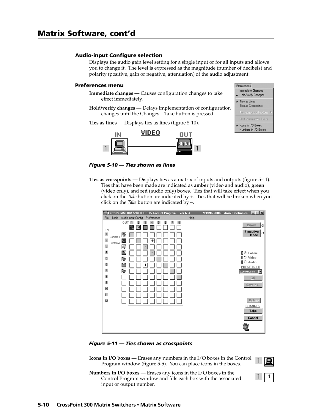 Extron electronic 168 Audio-input Configure selection, Preferences menu, 10 - Ties shown as lines, Matrix Software, cont’d 