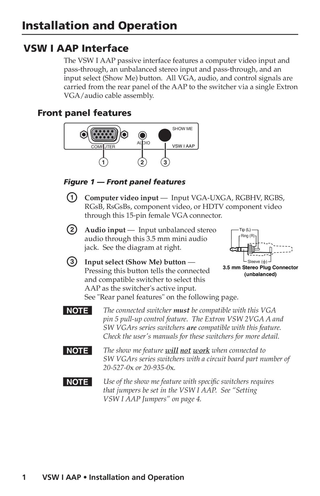 Extron electronic manual Installation and Operation, VSW I AAP Interface, Front panel features 