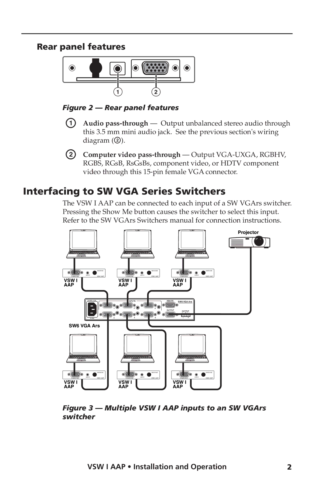 Extron electronic VSW I AAP manual Interfacing to SW VGA Series Switchers, Rear panel features 