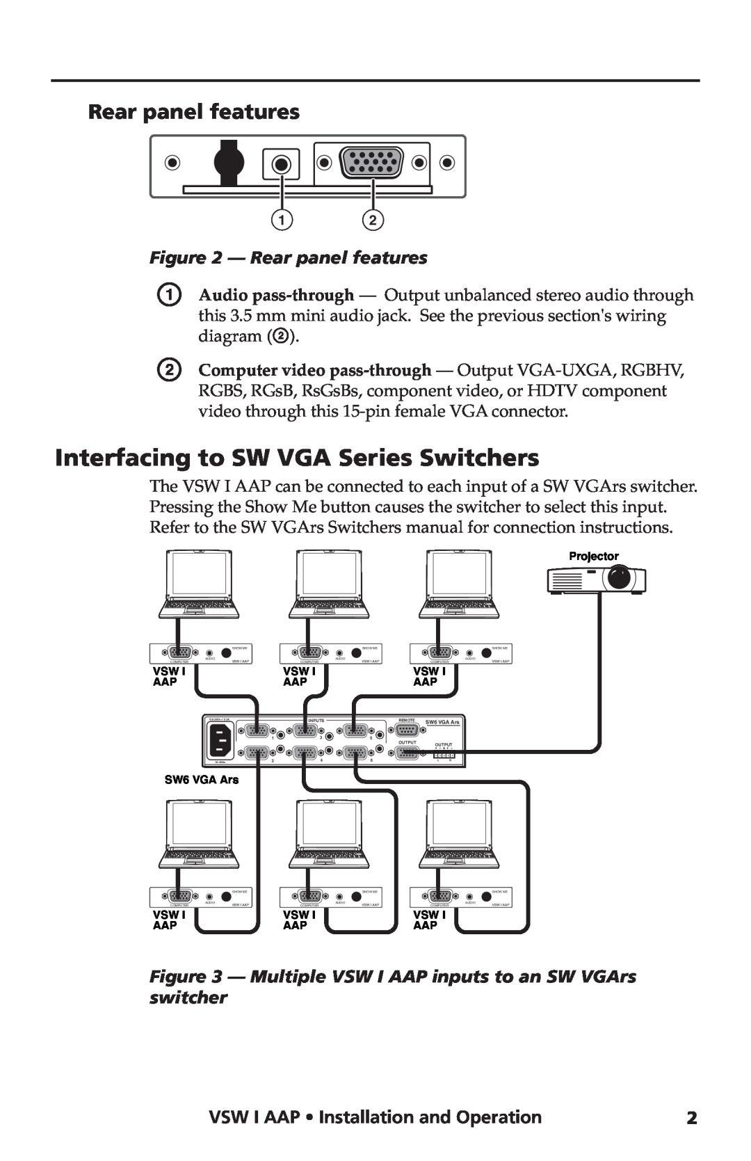 Extron electronic VSW I AAP manual Interfacing to SW VGA Series Switchers, Rear panel features 
