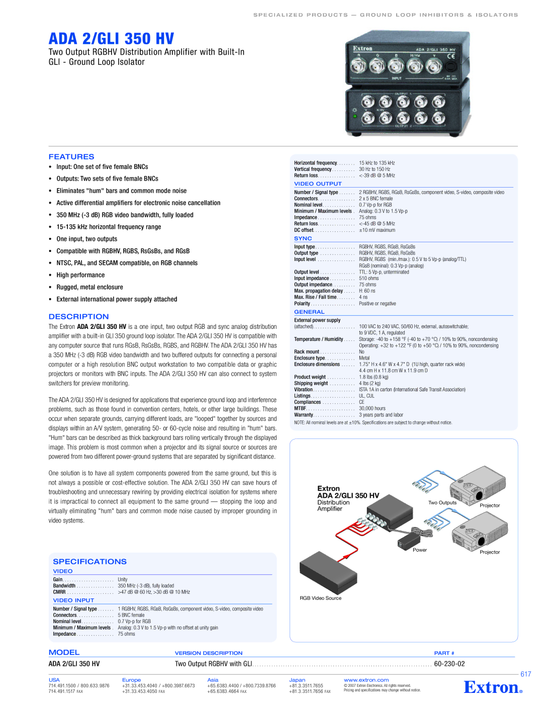 Extron electronic ADA 2/GLI 350 HV specifications Features, Description, Specifications, Model, 617 