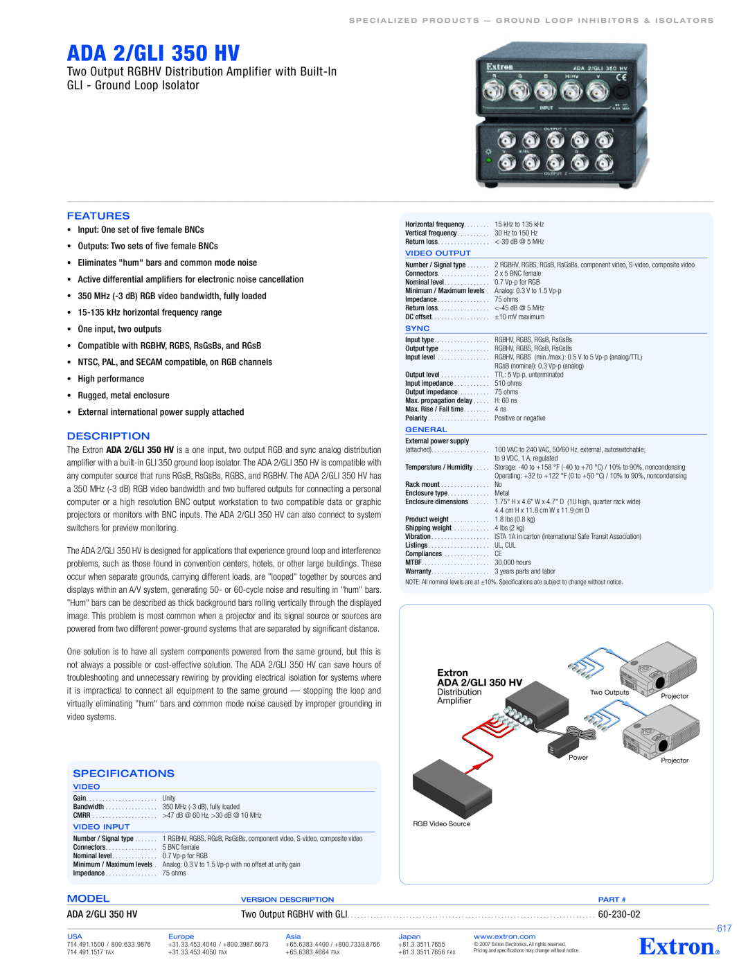 Extron electronic ADA 2/GLI 350 HV specifications GLI - Ground Loop Isolator, Features, Description, Specifications, Model 