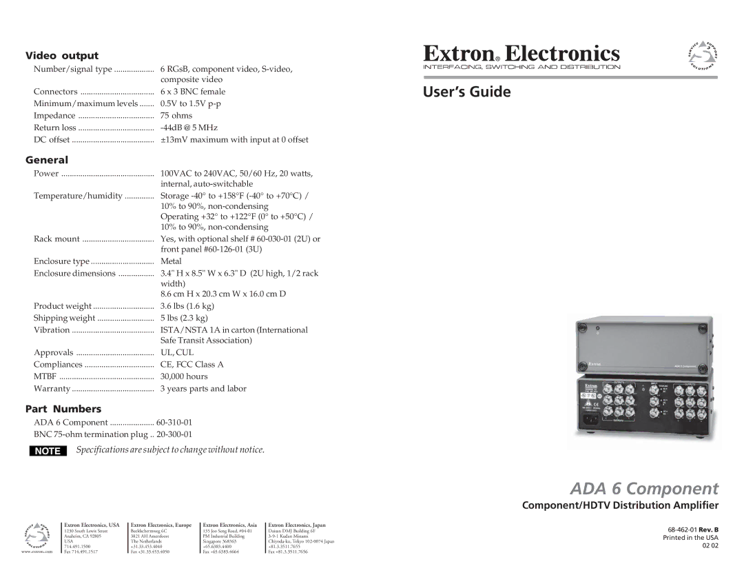 Extron electronic ADA 6 COMPONENT specifications Video output, General, Part Numbers 