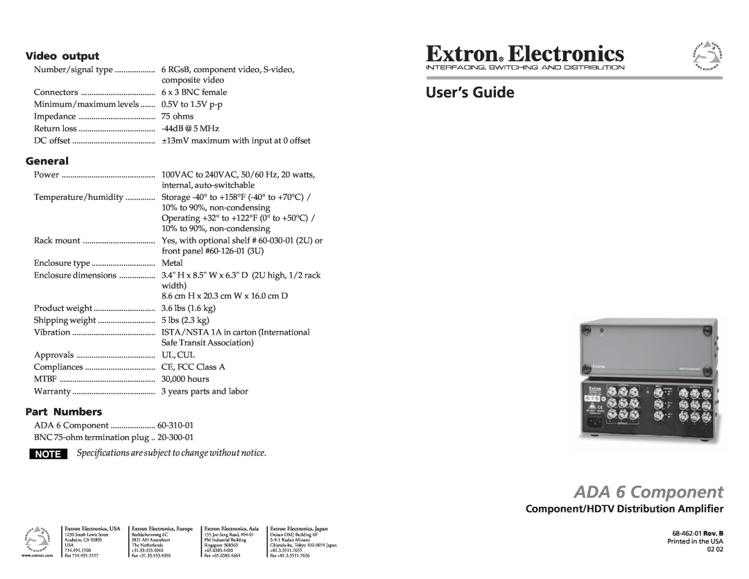 Extron electronic ADA 6 COMPONENT specifications Video output, General, Part Numbers, ADA 6 Component, User’s Guide 