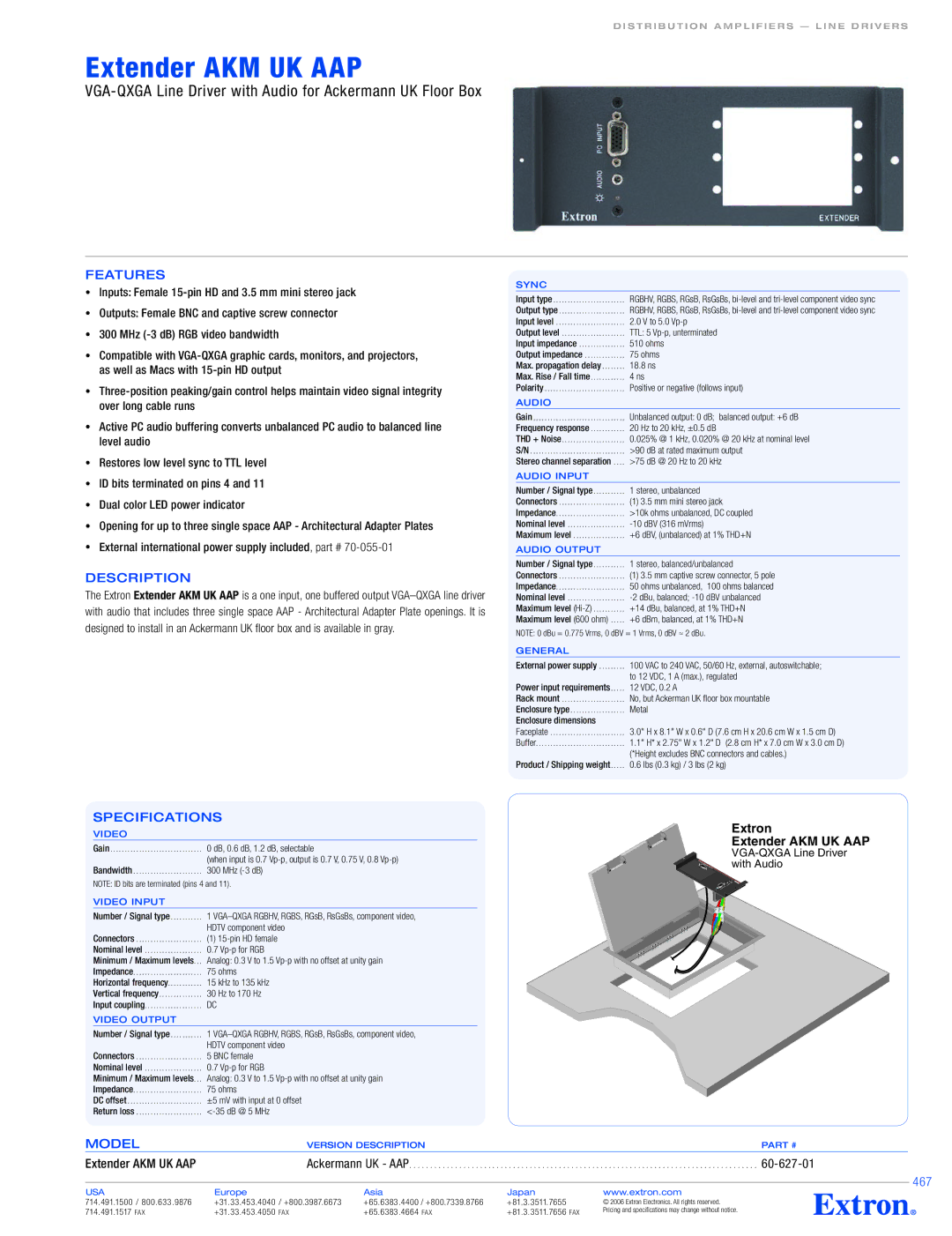 Extron electronic AKM UK AAP specifications Features, Model, 467 