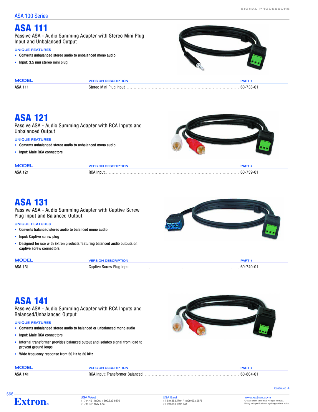 Extron electronic ASA 100 Series specifications Model, Asa, 60-738-01, 60-739-01, 60-740-01, 60-804-01 