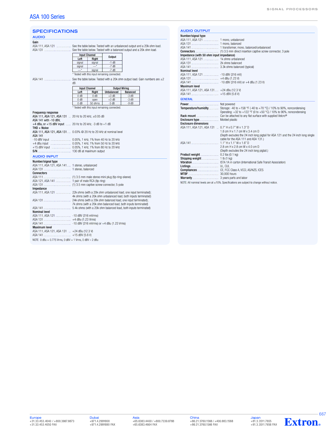 Extron electronic ASA 100 Series specifications 667, Audio input, Audio output, General 