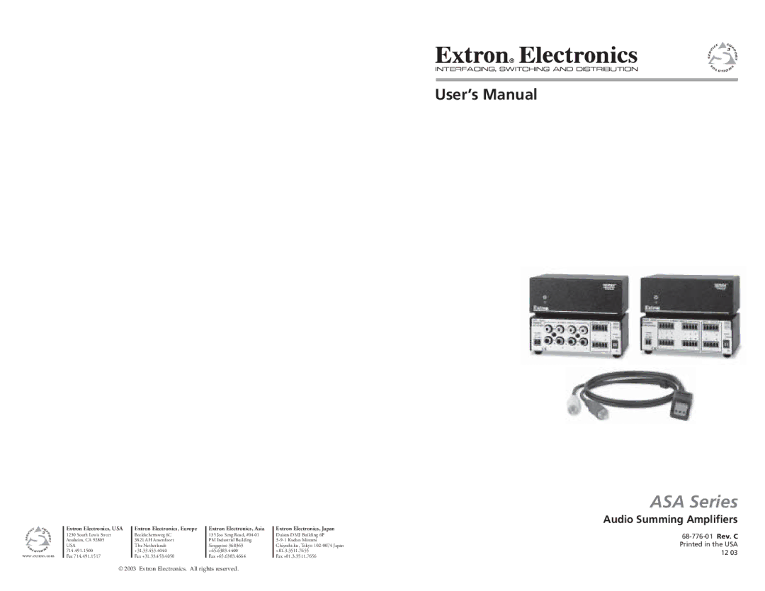 Extron electronic ASA Series user manual Audio Summing Amplifiers 