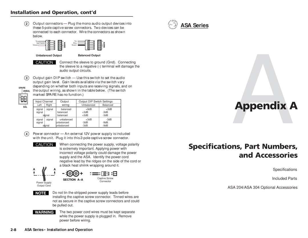 Extron electronic ASA Series user manual Specifications, Part Numbers, and Accessories, Wiring 