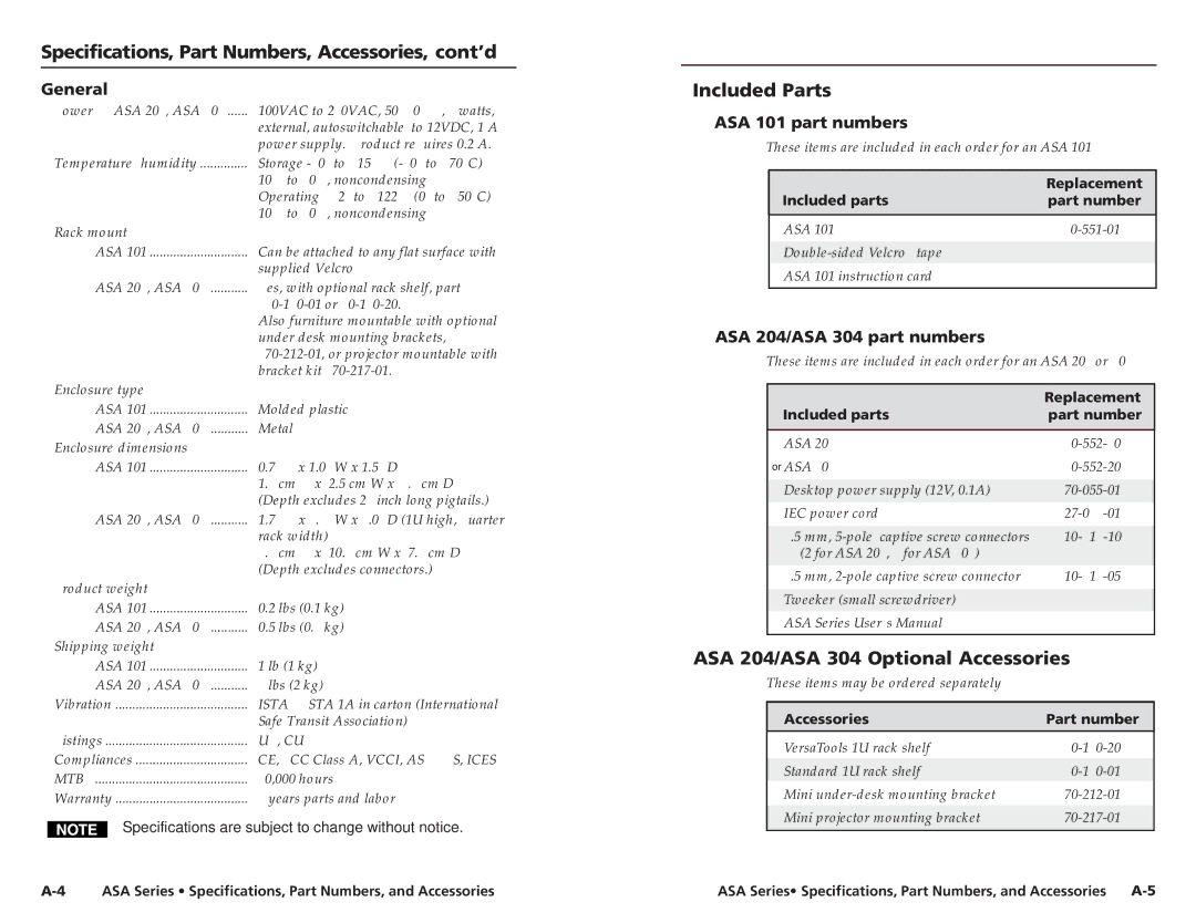 Extron electronic ASA Series user manual Specifications, Part Numbers, Accessories, cont’d, Included Parts 