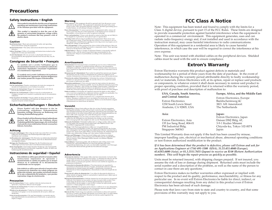 Extron electronic ASA Series user manual Precautions, FCC Class a Notice, Extron’s Warranty 