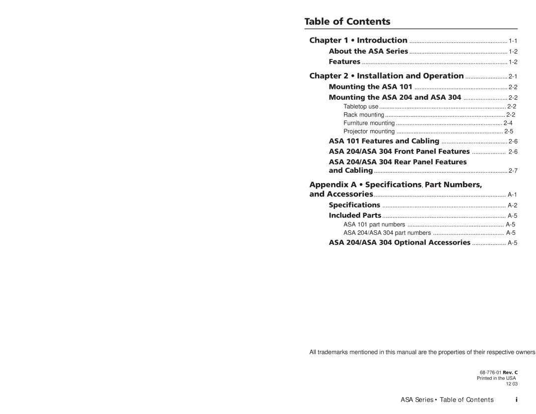 Extron electronic ASA Series user manual Table of Contents 