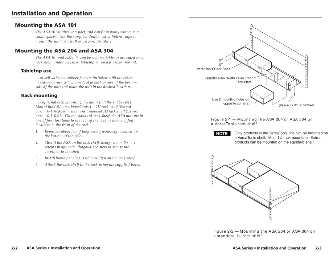 Extron electronic ASA Series Installation and Operation, Mounting the ASA 204 and ASA, Tabletop use, Rack mounting 