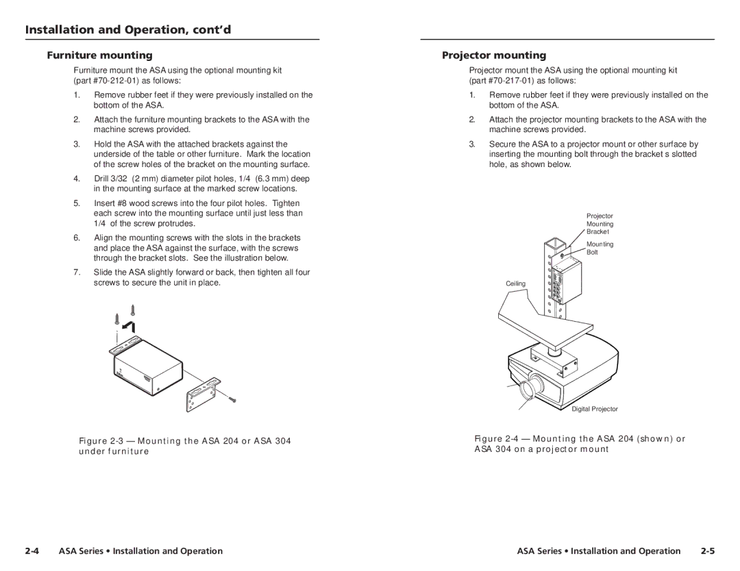 Extron electronic ASA Series user manual Installation and Operation, cont’d, Furniture mounting, Projector mounting 