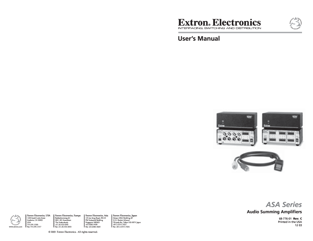 Extron electronic ASA Series user manual Audio Summing Amplifiers, User’s Manual, 68-776-01 Rev. C 