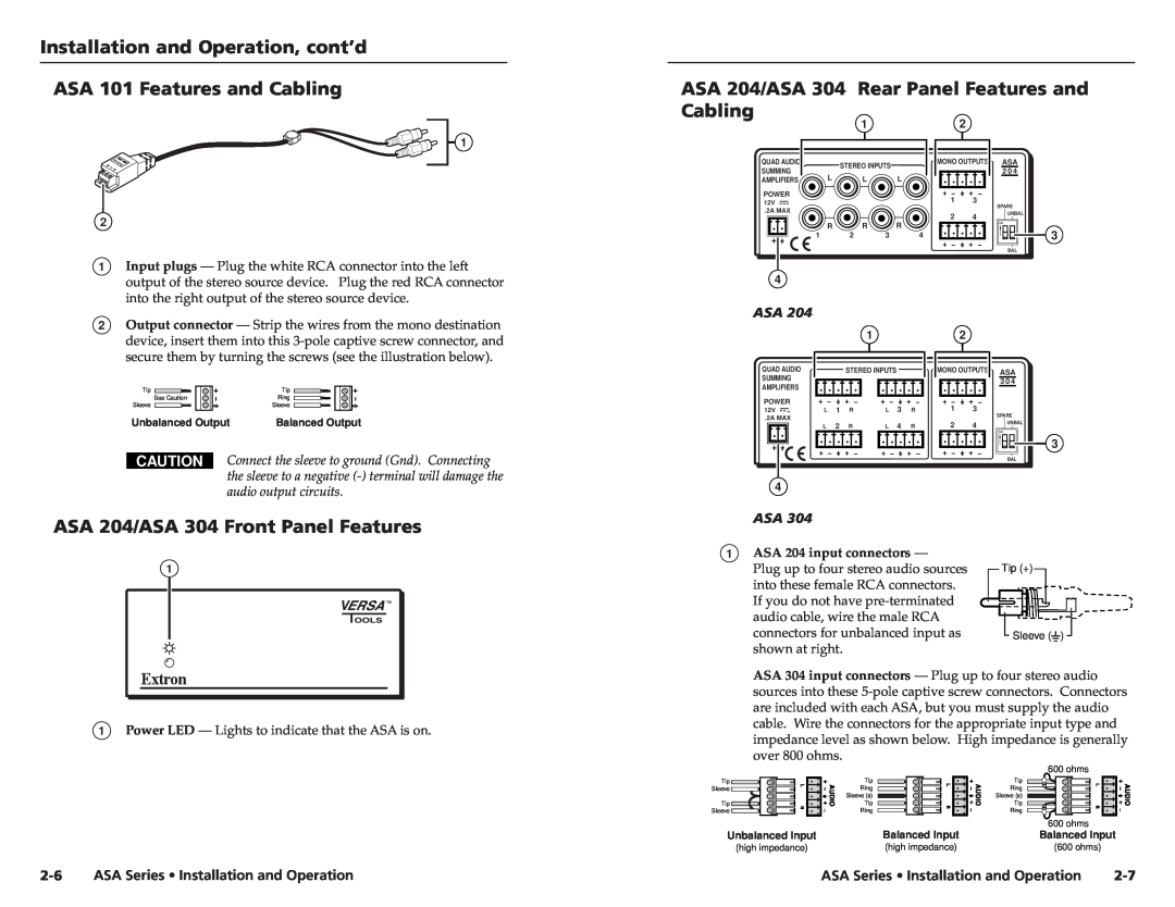 Extron electronic ASA Series ASA 101 Features and Cabling, ASA 204/ASA 304 Rear Panel Features and, audio output circuits 