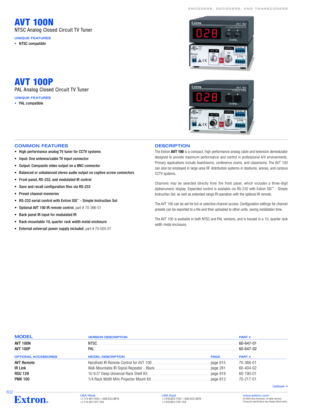 Extron electronic AVT 100N specifications Common Features, Description, Model, AVT 100P 